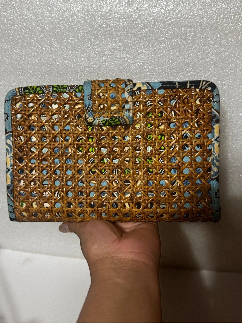 Vera Bradley Tan Woven Rattan Wallet with Blue Floral Trim